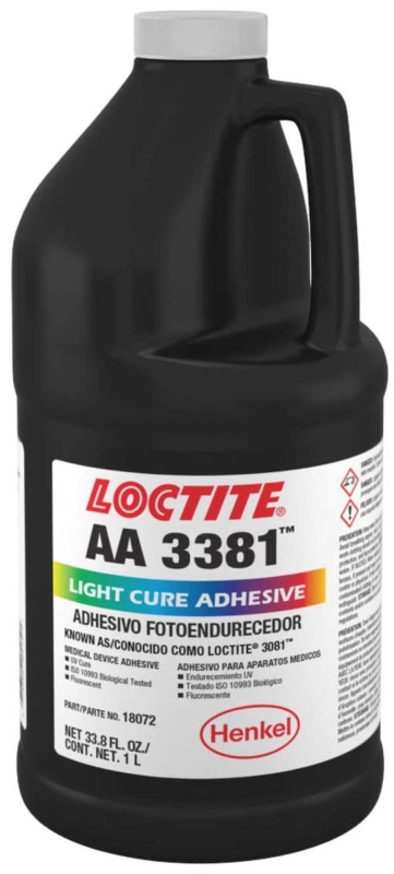 Preview: Henkel™ Loctite® AA 3381 UV Sofortklebstoff, 1 Liter, Transluzent, 1170090, nach Henkels ISO 10993 Protokoll qualifiziert, für anspruchsvolle industrielle Fertigungsprozesse und Anwendungen in der Medizinprodukteindustrie