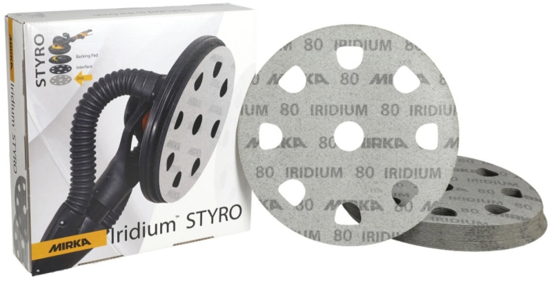 Preview: Mirka® Iridium® STYRO Schleifscheiben 246CU02540, Ø 225 mm, P40, 9-fach Gelocht, Kletthaftend, Schleifscheibe mit Keramik- und Aluminiumkorn für den Styropor Schliff