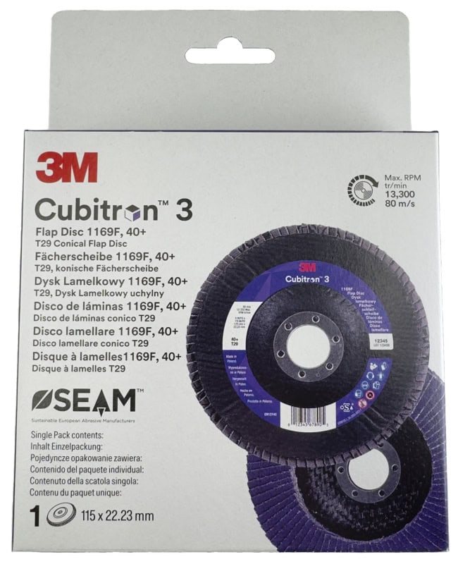 Preview: 3M™ Cubitron™ 3 Fächerschleifscheibe 1169F Testkit 7100411494, Ø 115 mm x ø 22 mm, 40+, 1 Stück pro Packung, 13.200 U./Min., Typ 29 Konisch, K, Präzisions-Keramikkorn, Für Abtragsarbeiten in der Metallbearbeitung