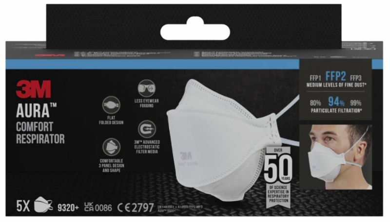 Preview: 3M™ Aura™ Atemschutzmaske 9320PRO5 FFP2 NR D, Einzelhandelsvariante, Hygienisch einzelverpackt, 5 Stück pro Packung, Pandemiemaske