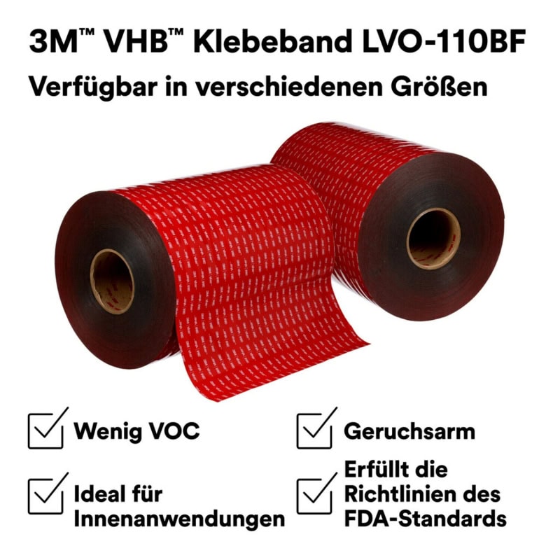 Preview: 3M™ VHB™ LVO-110BF Doppelseitiges Klebeband LVO-110/1219/33, 1219 mm x 33 m, 1,1 mm, Schwarz, Folien Abdeckung, Geringe VOC Werte, Für KFZ Bau und Haushaltselektronik