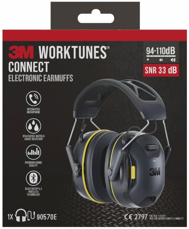 Preview: 3M™ PELTOR™ WorkTunes™ Connect Kommunikations Kapselgehörschutz mit Bluetooth® 90570E-1, SNR = 33 dB, Für laute Umgebungen und zum streamen von Telefonaten, Musik und Podcasts, Schwarz, Kabellos, Integriertes Mikrofon, Bluetooth®