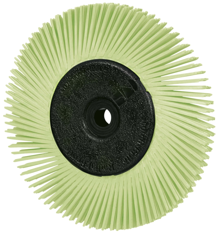 Preview: 3M™ Scotch-Brite™ Präzisions Radialborstenbürste PN-RB 7100374836, Ø 150 mm x ø 12 mm, Breite: 25 mm 50+, Typ A (Schräge Borsten), Mit Adapter, Grün, 6.000 U./Min., Für Reinigungs- und Entgratungsarbeiten