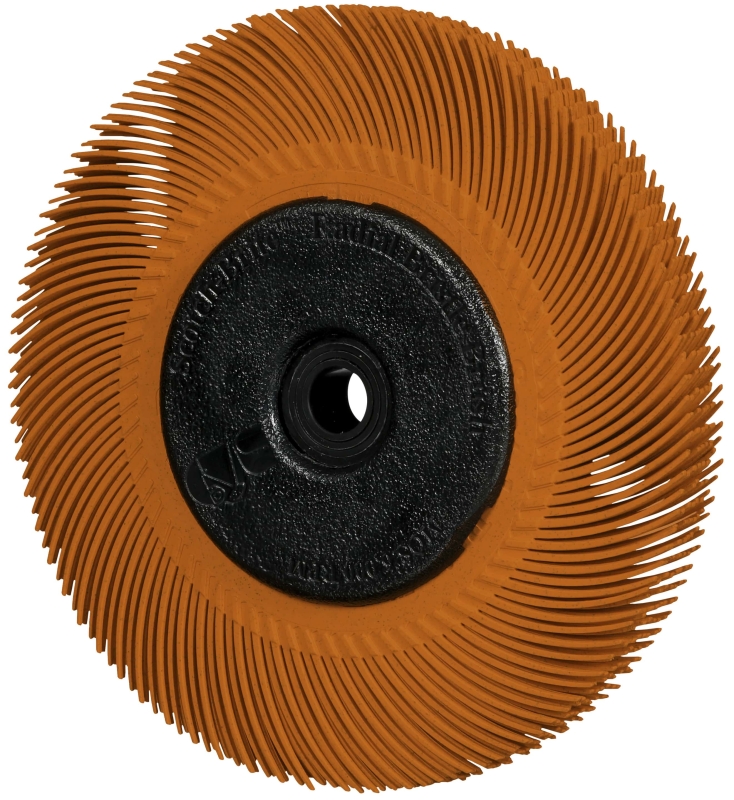 Preview: 3M™ Scotch-Brite™ Präzisions Radialborstenbürste PN-RB 7100374843, Ø 150 mm x ø 12 mm, Breite: 25 mm, 80+, Typ A (Schräge Borsten), Mit Adapter, Orange, 6.000 U./Min., Für Reinigungs- und Entgratungsarbeiten