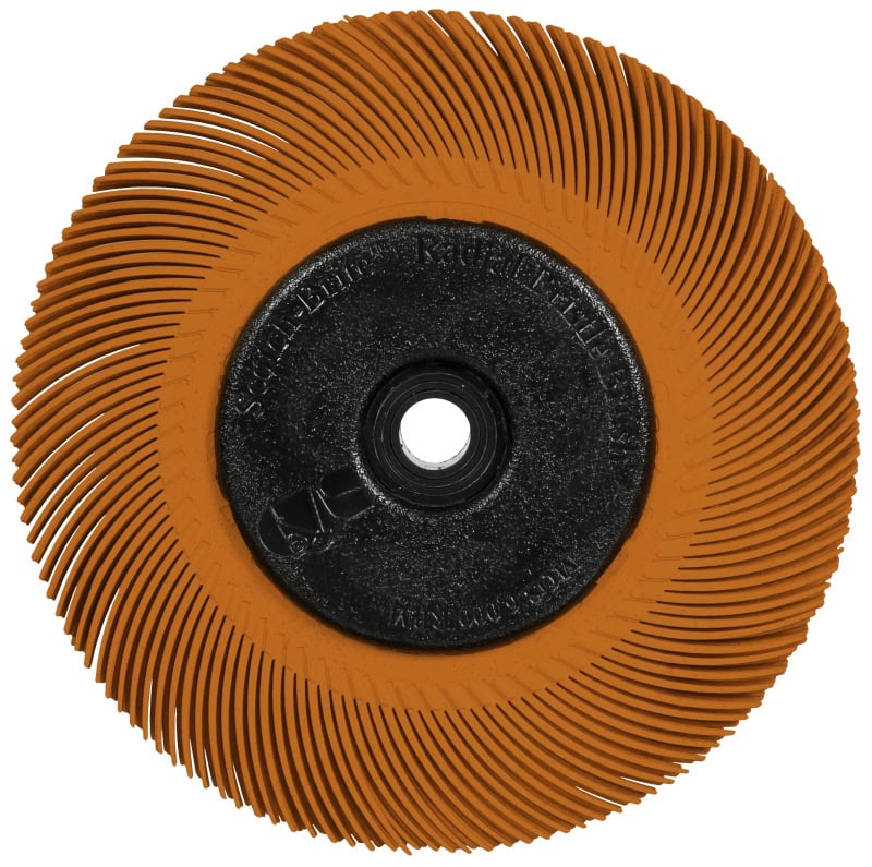 Preview: 3M™ Scotch-Brite™ Präzisions Radialborstenbürste PN-RB 7100374840, Ø 150 mm x ø 11 mm, Breite: 25 mm, 80+, Typ C (Gebogene Borsten), Mit Adapter, Orange, 6.000 U./Min., Für Reinigungs- und Entgratungsarbeiten