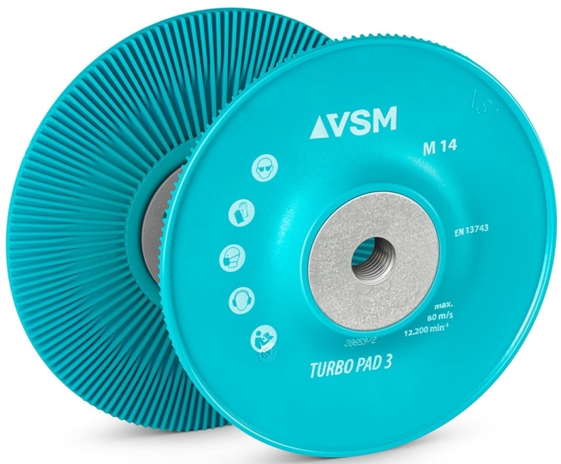 Preview: VSM TURBO PAD 3 776385, Ø 115 mm, M14 Gewinde, Blau, Extra Hart, Bombiert, Stützteller mit Kühlrippen für Fiberscheibenscheiben mit Ø 22 mm Zentrieransatz für den VSM Winkelschleifer