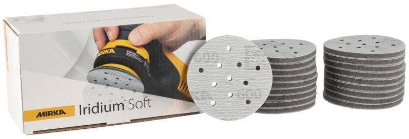Preview: Mirka® Iridium® Soft Schleifscheibe 249JV02095, Ø 77 mm, Dicke: 5 mm, P2000, A (Aluminiumkorn), Multilochung, Kletthaftend, Für Lackschliff & Grundierungsschliff
