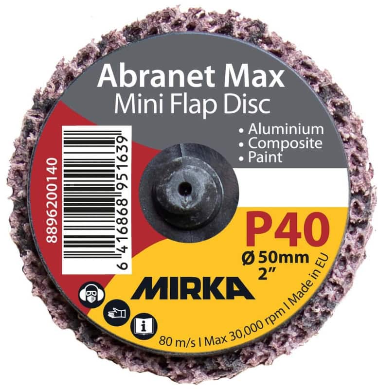 Preview: Mirka® Abranet® Max Mini Flap Disc 8896200140, Ø 50 mm x 22 mm, P40, 30.000 U./Min., Fächerschleifscheibe mit Aluminiumoxidkorn