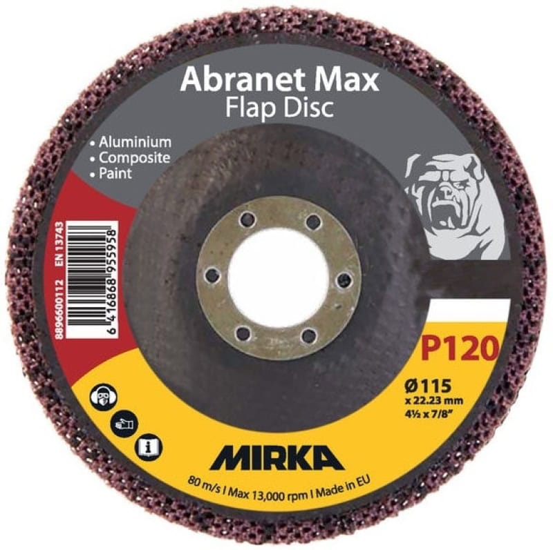 Preview: Mirka® Abranet® Max Flap Disc 8896600112, Ø 115 mm x 22 mm, P120, Fächerschleifscheibe mit Aluminiumoxidkorn
