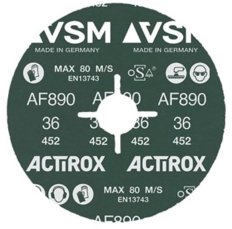 Preview: VSM ACTIROX AF890 709158, Ø 125 mm x ø 22,23 mm, P36, 4-fach Schlitz Ausführung (S1E), 12.200 U./Min., Fiberscheibe mit Präzisions-Keramikkorn, Für Edelstahl und Superlegierungen