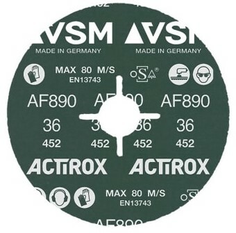 Preview: VSM ACTIROX AF890 709157, Ø 115 mm x ø 22,23 mm, P36, 4-fach Schlitz Ausführung (S1E), 13.300 U./Min., Fiberscheibe mit Präzisions-Keramikkorn, Für Edelstahl und Superlegierungen