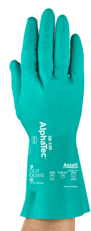 Preview: Ansell AlphaTec™ 58-330 Chemikialienschutzhandschuh 58330070, Für Chemikalienhandling und Wartungsarbeiten, Größe 7, Grün, 320 mm lang, Mit der AQUADRI™ Moisture Management Technologie