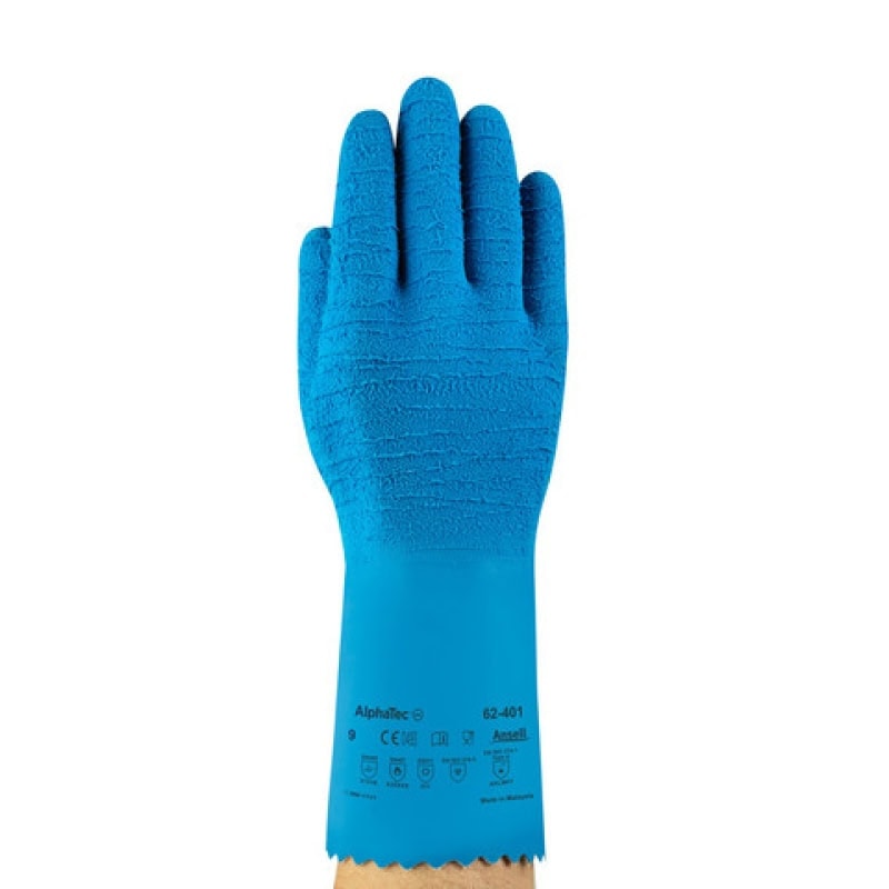 Preview: Ansell AlphaTec™ 62-401 Chemikalienschutzhandschuh 62401110, Für Lebensmittelverarbeitung und Industrie, Größe 11, Blau, 320 mm lang, mit faltiger Oberfläche für hervorragende Griffigkeit
