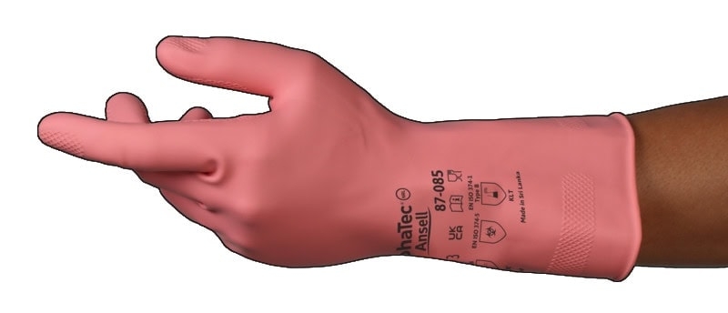 Preview: Ansell AlphaTec™ 87-085 Chemikalienschutzhandschuh 87085090BP, Für Lebensmittelverarbeitung und Reinigungsarbeiten, Größe 9, Rosa, 300 mm lang, Verbesserter Komfort, leicht und flexibel