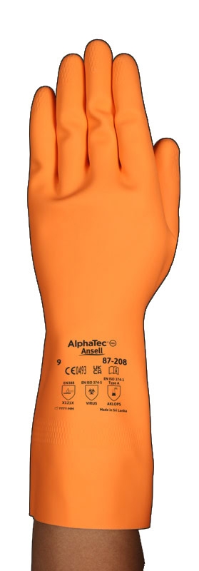 Preview: Ansell AlphaTec™ 87-208 Chemikalienschutzhandschuh 87208090, Für schwere Chemikalienarbeiten, Größe 9, Orange, 325 mm lang, 50 % dicker als herkömmliche flockgefütterte Alternativen