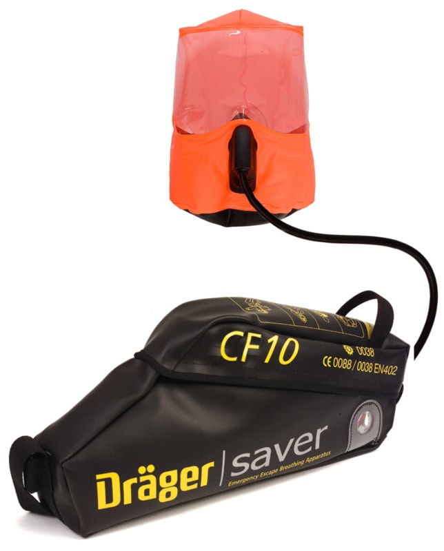 Preview: Dräger® Saver CF10 Druckluft Fluchtgerät 3359736, Haube, 10 Minuten Betriebszeit, 2 Liter (Alu, 200 bar), Anti Statische (ESD) & wasserdichte Textil Tasche in Schwarz, Für die Flucht aus Gefahrenbereichen