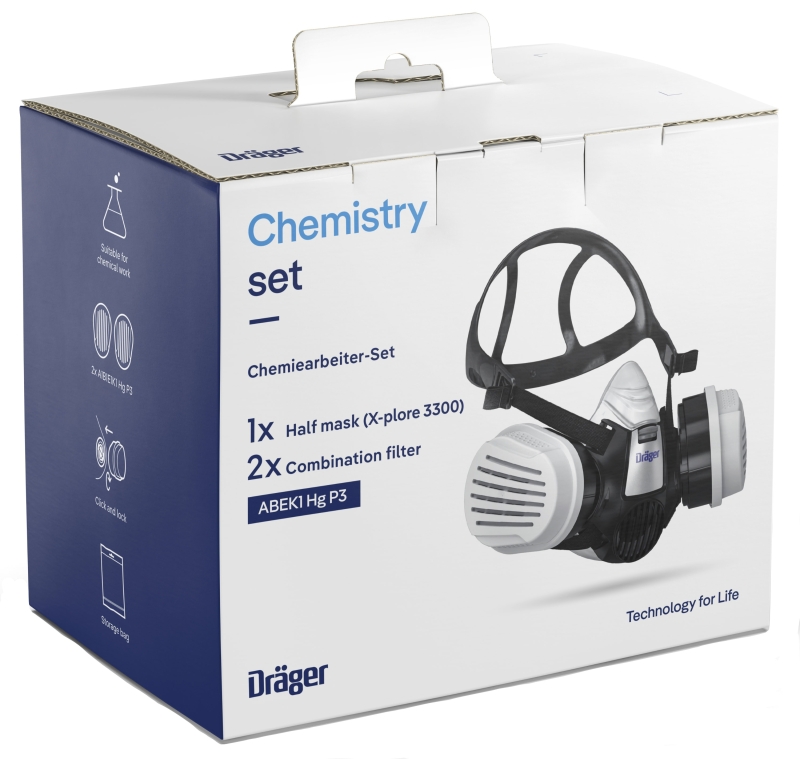 Preview: Dräger® X-plore® 3300 Gasmaske / Halbmaske Chemiearbeiter Set 3708072, Größe L, A1B1E1K1 Hg P3 R D Kombinationsfilter, Soft TPE, Dräger® Bajonett-Klick Filteranschluss