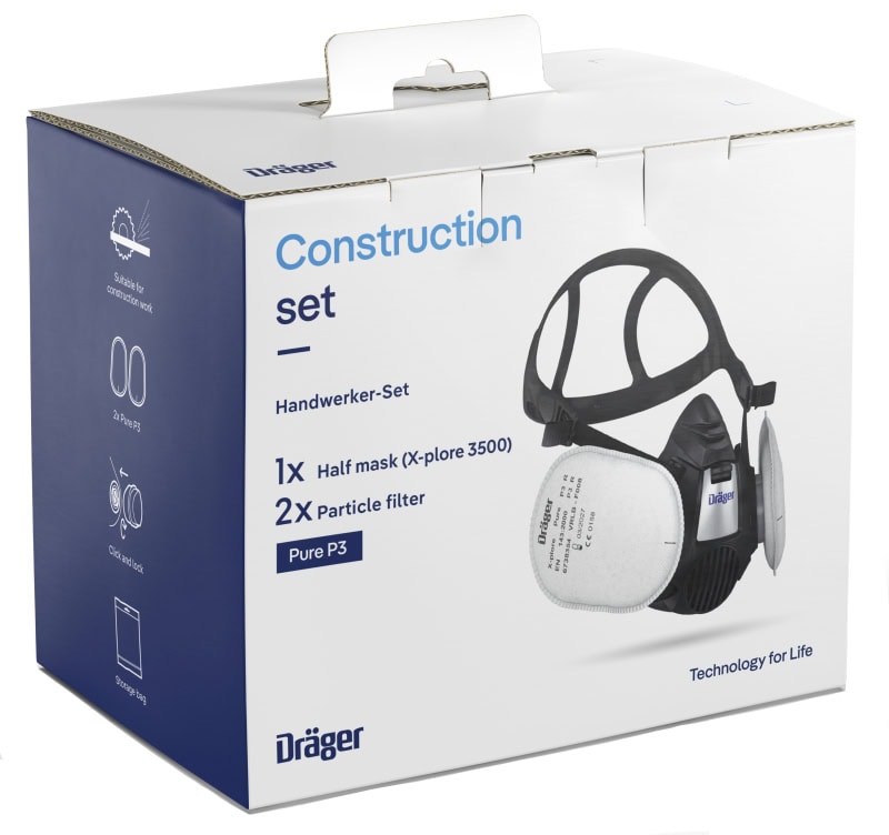 Preview: Dräger® X-plore® 3500 Gasmaske / Halbmaske Handwerker Set 3708068, Größe L, P3 R D Partikelfilter, Dräger Flex, Dräger® Bajonett-Klick Filteranschluss