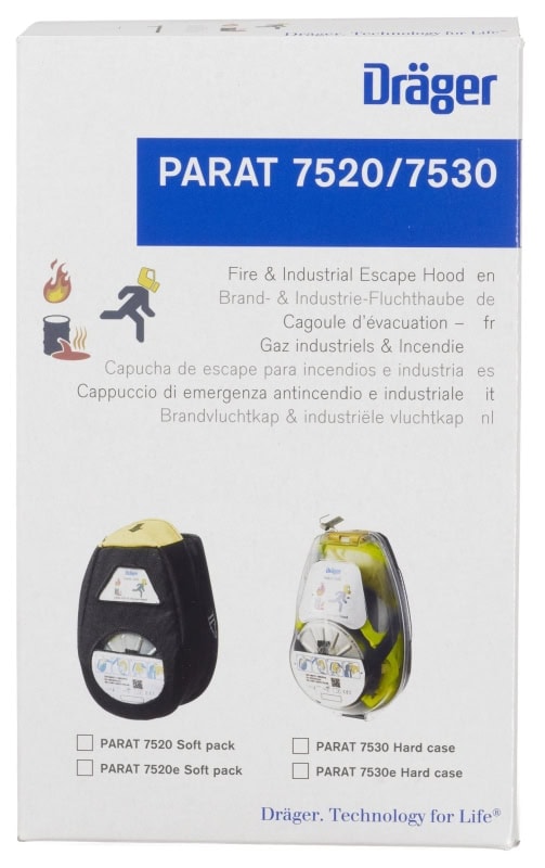 Preview: Dräger® PARAT® 7530 Industrie- & Brand Fluchthaube R59437, ABEK15 CO P3 Kombi Filter für mind. 15 Min. Schutz, Hard Case, Universalgröße, Kombi Fluchthaube zum Schutz gegen toxische Industriegase, Dämpfe, Brandgase und Partikel