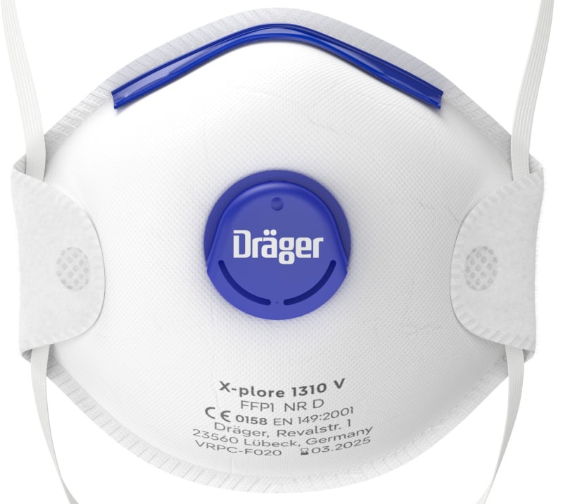 Preview: Dräger® X-plore® Vorgeformte Atemschutzmaske / Partikelmaske 1310 V FFP1 NR D 3951212, Universalgröße, Hygienisch einzelverpackt, VarioFlex™ Kopfband, Mit Ausatemventil, Schützt effektiv gegen Feinstäube und Partikel