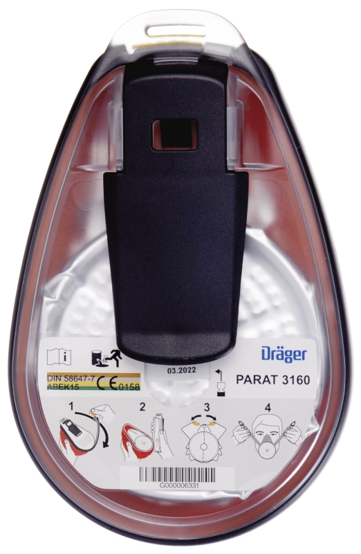 Preview: Dräger® PARAT® 3160 Flucht Gasmaske / Halbmaske 3704477, ABEK15 Filter für mind. 15 Min. Schutz, Filter eingeschweißt, Universalgröße, Fluchtmaske zum Schutz gegen organische, anorganische, saure Gase & Dämpfe, Ammoniak & org. Ammoniakderivate