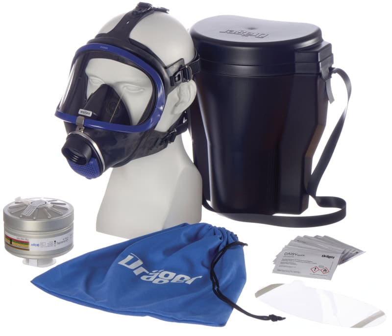 Preview: Dräger® X-plore® 6300 Gasmaske / Vollmaske Chemiearbeiter Multikit 3735970, Universalgröße, A2B2E2K2 Hg P3 R D Kombinationsfilter, Kratz- & UV beständige PMMA Sichtscheibe, EPDM Maskenkörper, Blauer Kunststoffrahmen, RD40 Filteranschluss [NATO Standard]