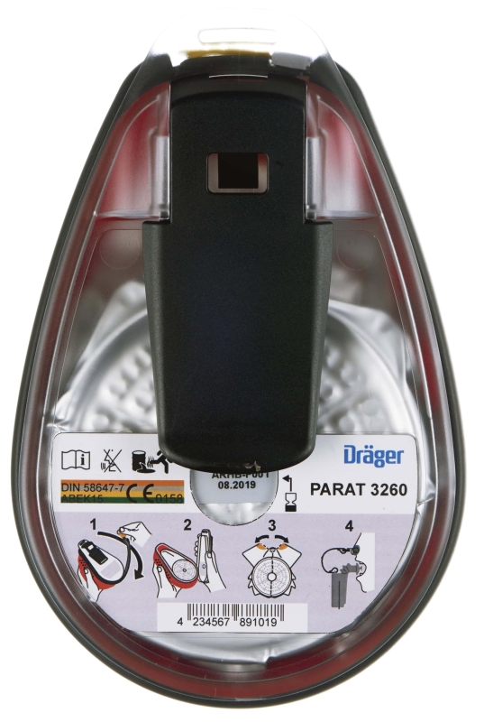 Preview: Dräger® PARAT® 3260 Flucht Filtergerät 3704479, ABEK15 Filter für mind. 15 Min. Schutz, Filter eingeschweißt, Universalgröße, Flucht Filtergerät zum Schutz gegen organische, anorganische, saure Gase & Dämpfe, Ammoniak & org. Ammoniakderivate