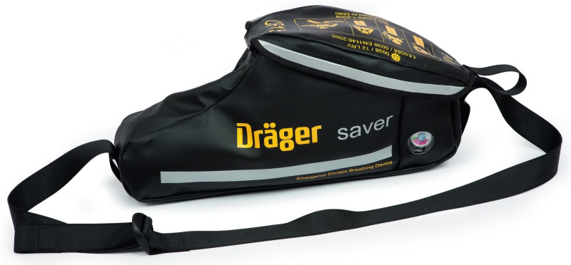 Preview: Dräger® Saver CF10 Druckluft Fluchtgerät 3359736, Haube, 10 Minuten Betriebszeit, 2 Liter (Alu, 200 bar), Anti Statische (ESD) & wasserdichte Textil Tasche in Schwarz, Für die Flucht aus Gefahrenbereichen