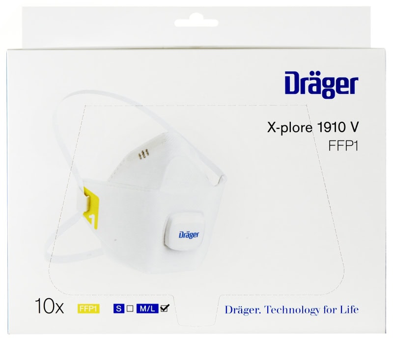 Preview: Dräger® X-plore® Atemschutzmaske / Partikelmaske 1910V FFP1 NR D 3951916, Größe S, Ideal für Brillenträger, Hygienisch einzelverpackt, Wirksamer Schutz gegen Stäube und Partikel bei hohem Tragekomfort