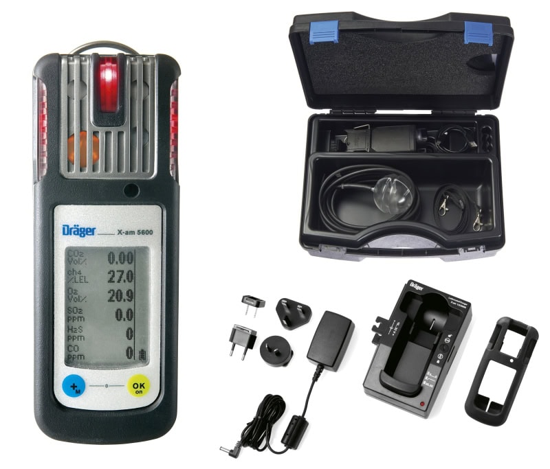 Preview: Dräger® X-am 5600 Mehrgasmessgerät Freimessung Set 8326581, Sensoren: DUAL IR Ex/CO2 ES + XXS O2 + XXS CO/H2S, inkl. Ladestation und Pumpen Koffer mit Zubehör, Ideal für Kanalarbeiten