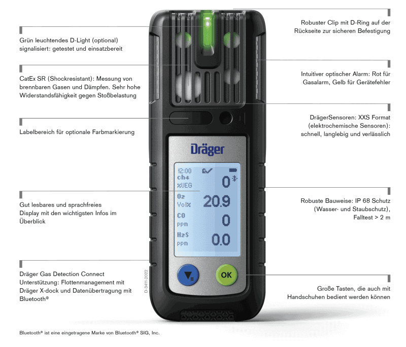 Preview: Dräger® X-am® 2800 Mehrgasmessgerät 3703918, Sensoren: CatEx, O2, CO LC, H2S LC, 1 bis 4 Gase Messgerät, IP 68 Staub- & Wasserdicht, Für die persönliche Gasüberwachung im täglichen Einsatz