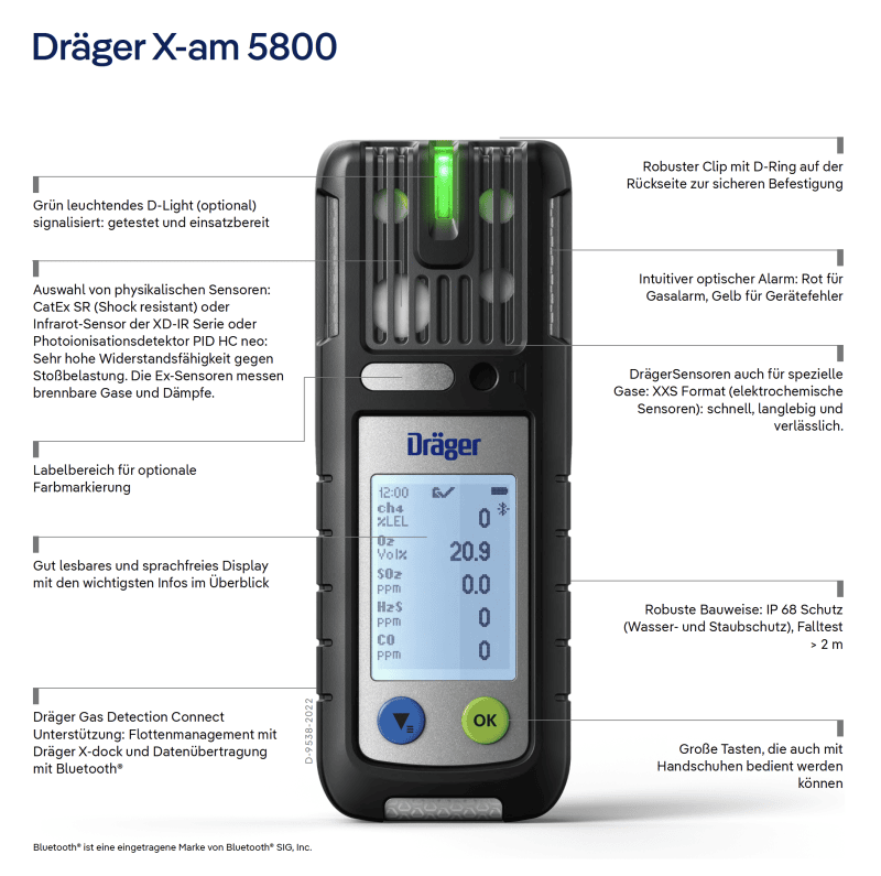 Preview: Dräger® X-am® 5800 Mehrgasmessgerät 3703888, Basisversion, Ohne Sensoren, 1 bis 6 Gase Messgerät, IP 68 Staub- & Wasserdicht, Für die persönliche Gasüberwachung im täglichen Einsatz & Freimessung von Kanälen und Schächten