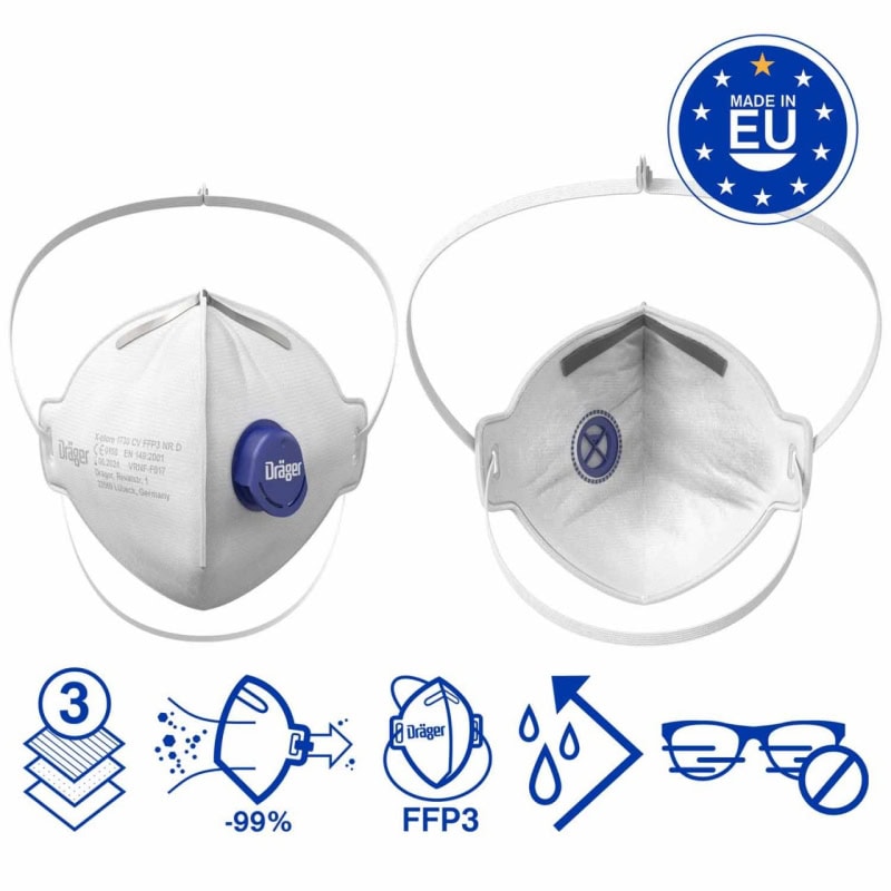 Preview: Dräger® X-plore® 1730+V FFP3 NR D Atemschutzmaske / Partikelmaske 3951388, Hygienisch einzelverpackt, Wirksamer Schutz gegen Feinstäube und Partikel bei hohem Tragekomfort