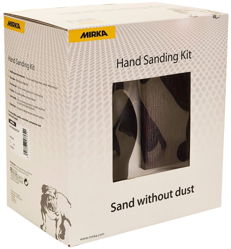 Preview: Mirka® Handschliff Starter Kit KIT001HAND, 70 x 198 mm, Medium, 22 Löcher, Grau, Kletthaftend, Handblock mit Absaugschlauch und Abranet® Gitternetzschleifstreifen 70 x 198 mm