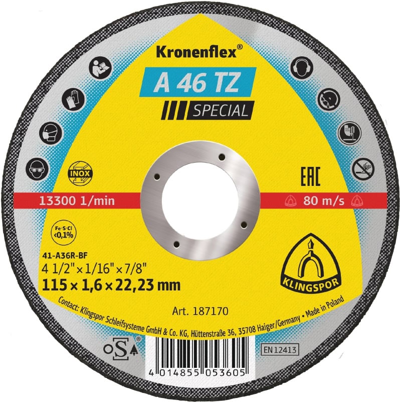 Preview: KLINGSPOR Kronenflex® A 46 TZ Special Trennscheibe 187170, Ø 115 mm x 1,6 mm x 22 mm, P36, A, 13.300 U./Min., Typ 41 Gerade, Aluminiumkorn, Für Edelstahl und Stahl