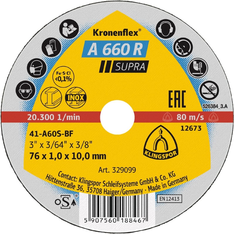 Preview: KLINGSPOR Kronenflex® A 660 R Supra Trennscheibe 368876, Ø 100 mm x 1 mm, ø 10 mm, P60, A, 15.300 U./Min., Typ 41 Gerade, Aluminiumkorn, Für Edelstahl und Stahl