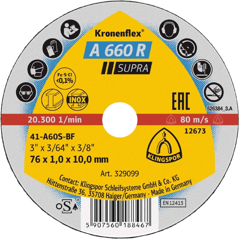 Preview: KLINGSPOR Kronenflex® A 660 R Supra Trennscheibe 368877, Ø 76 mm x 1,6 mm, ø 10 mm, P36, A, 20.100 U./Min., Typ 41 Gerade, Aluminiumkorn, Für Edelstahl und Stahl