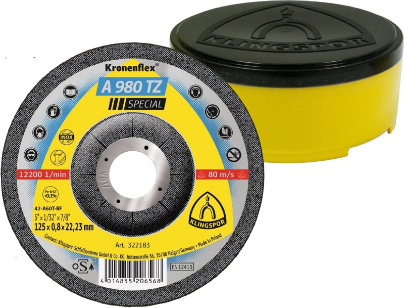 Preview: KLINGSPOR Kronenflex® A 980 TZ Special Trennschreibe 322182, Ø 115 mm x 0,8 mm x 22 mm, P80, A, 13.300 U./Min., Typ 27 Gekröpft, Aluminiumkorn, Für Edelstahl, Stahl und Metall