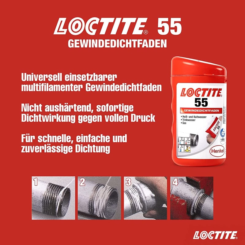 Preview: Henkel™ Loctite® 55 Gewindedichtfaden, 50 m, Hochfest, Weiß, 492004, Für Gas, Heizung & Trinkwasser geeignet