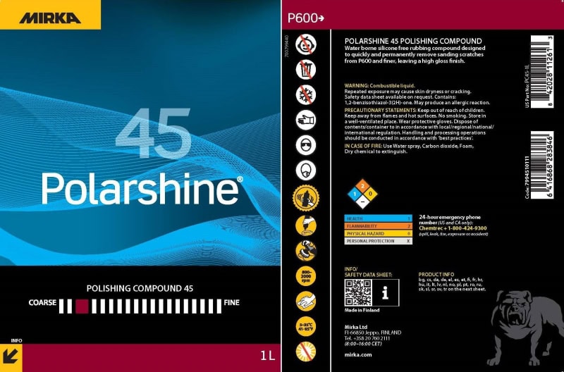 Preview: Mirka® Polarshine 45 7994502511, 250 ml, Grobe Politur zur Vorbereitung bei Kratzern und starken Oxidationen