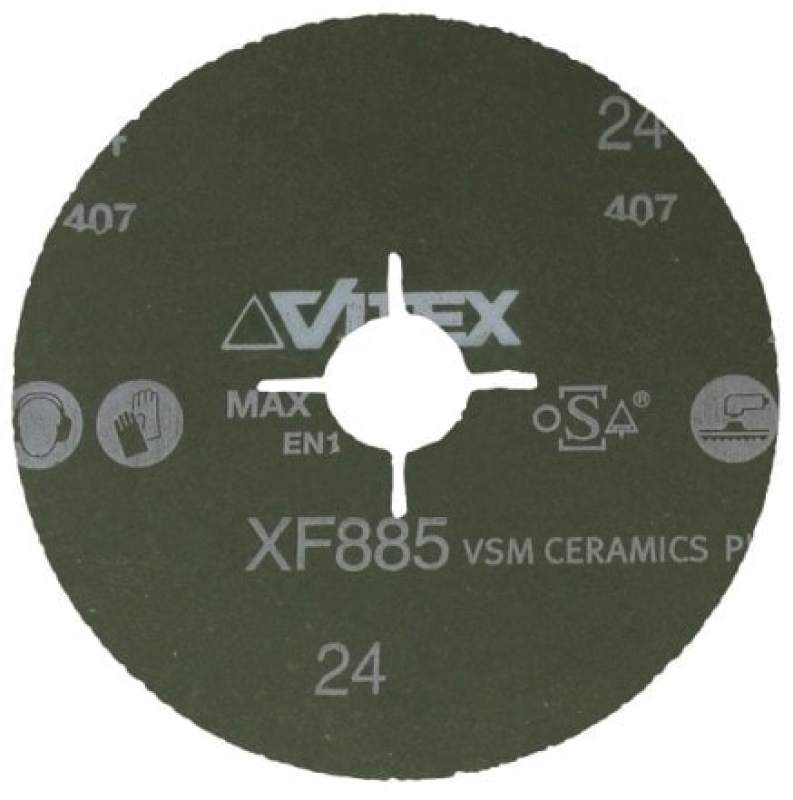 Preview: VSM CERAMICS Plus XF885 795243,  Ø 115 mm x ø 22,23 mm, P100, 4-fach Schlitz Ausführung (S1E), 13.300 U./Min., Fiberscheibe mit Keramikkorn, Für Edelstahl und Superlegierungen