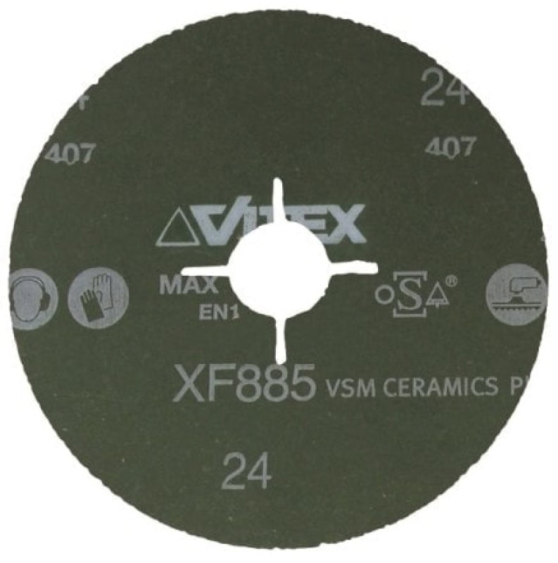 Preview: VSM CERAMICS Plus XF885 795234, Ø 115 mm x ø 22,23 mm, P20, 4-fach Schlitz Ausführung (S1E), 13.300 U./Min., Fiberscheibe mit Keramikkorn, Für Edelstahl und Superlegierungen