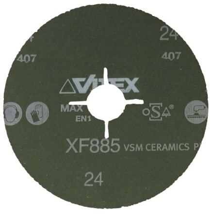 Preview: VSM CERAMICS Plus XF885 795253,  Ø 125 mm x ø 22,23 mm, P80, 4-fach Schlitz Ausführung (S1E), 12.200 U./Min., Fiberscheibe mit Keramikkorn, Für Edelstahl und Superlegierungen