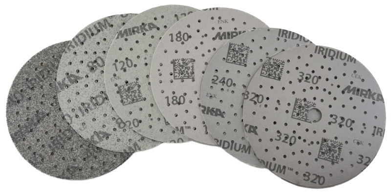 Preview: Mirka® Iridium® Schleifscheiben Testkit SEYIRIDIUM150L, Ø 150 mm, 2x P40, P80, P120, P180, P240, P320, Multilochung, Kletthaftend, Schleifscheibe mit Keramik- und Aluminiumkorn