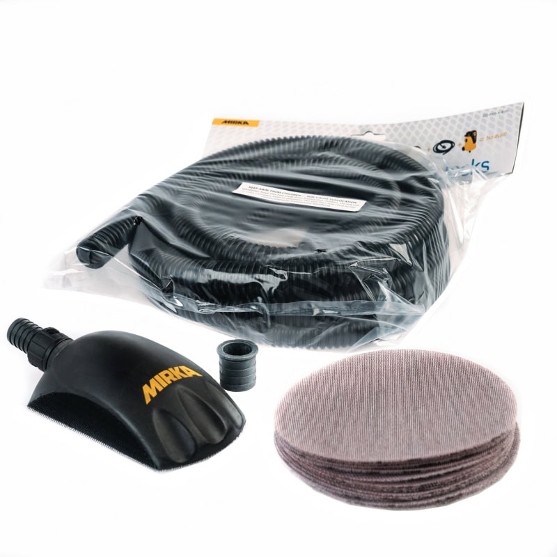 Preview: Mirka® KIT00ROUND, Ø 150 mm, Medium, 34 Löcher, Schwarz, Kletthaftend, Roundy Kit Handblock mit Absaugschlauch und Abranet® Gitternetzschleifscheiben Ø 150 mm