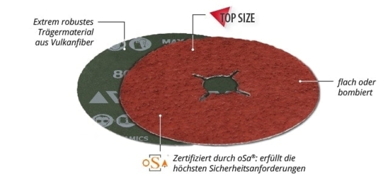 Preview: VSM CERAMICS XF870 737050, Ø125 mm x ø22,23 mm, P100, 4-fach Schlitz Ausführung (S1E), 12.200 U./Min., Fiberscheibe mit Keramikkorn, Für Edelstahl und andere Werkstoffe