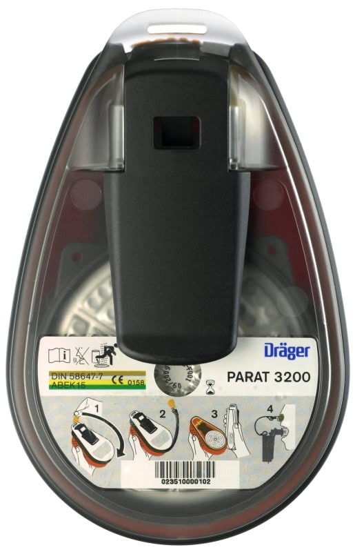 Preview: Dräger® PARAT® 3200 Flucht Filtergerät 3704478, ABEK15 Filter für mind. 15 Min. Schutz, Filter uneingeschweißt, Universalgröße, Flucht Filtergerät zum Schutz gegen organische, anorganische, saure Gase & Dämpfe, Ammoniak & org. Ammoniakderivate