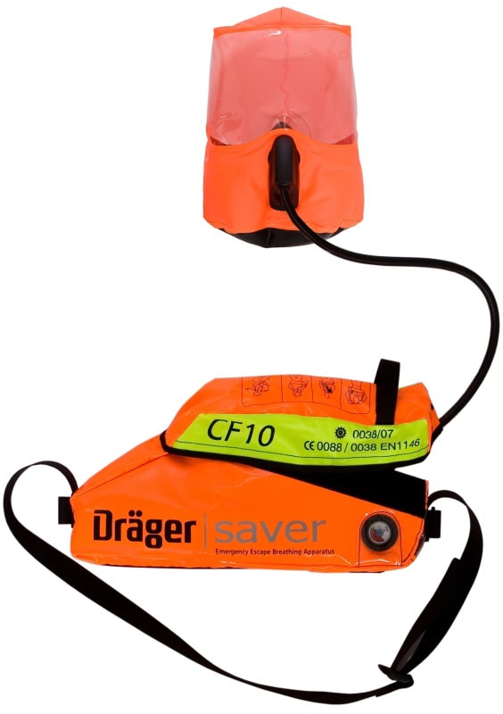 Preview: Dräger® Saver CF10 Druckluft Fluchtgerät 3359734, Haube, 10 Minuten Betriebszeit, 2 Liter (Alu, 200 bar), Wasserdichte Textil Tasche in Orange, Für die Flucht aus Gefahrenbereichen