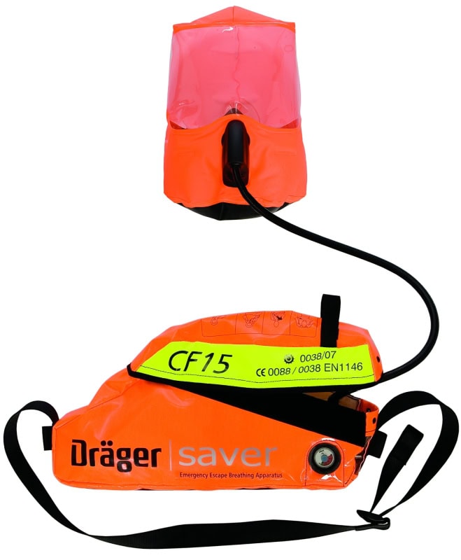 Preview: Dräger® Saver CF15 Druckluft Fluchtgerät 3359735, Haube, 15 Minuten Betriebszeit, 3 Liter (Stahl, 200 bar), Wasserdichte Textil Tasche in Orange, Für die Flucht aus Gefahrenbereichen