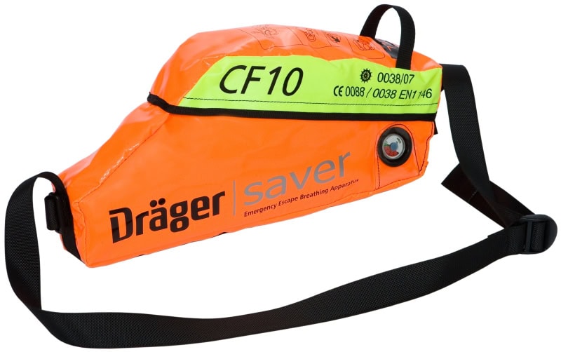 Preview: Dräger® Saver CF10 Druckluft Fluchtgerät 3359734, Haube, 10 Minuten Betriebszeit, 2 Liter (Alu, 200 bar), Wasserdichte Textil Tasche in Orange, Für die Flucht aus Gefahrenbereichen